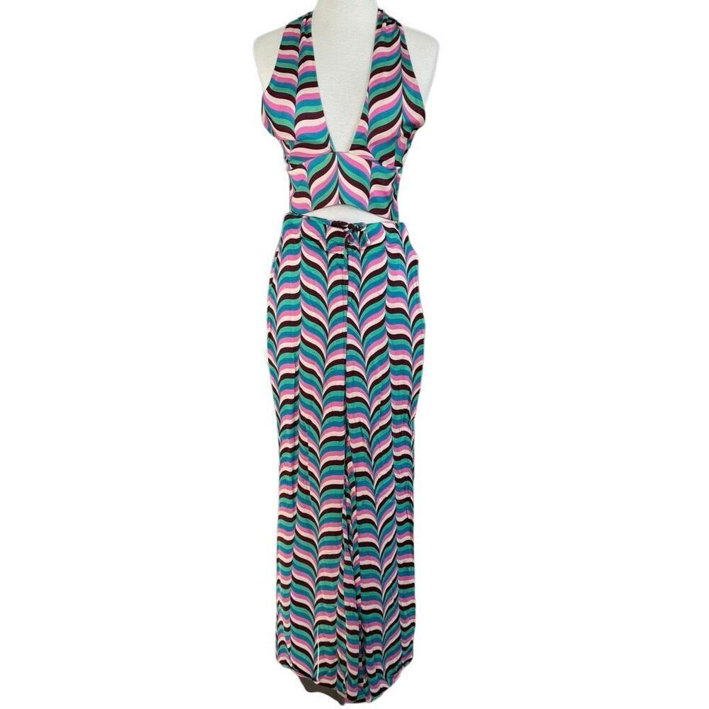 Zara Psychedelic Multicolor Wide Leg Flare Halter Top Two Piece Set Size Small - Picture 4 of 12